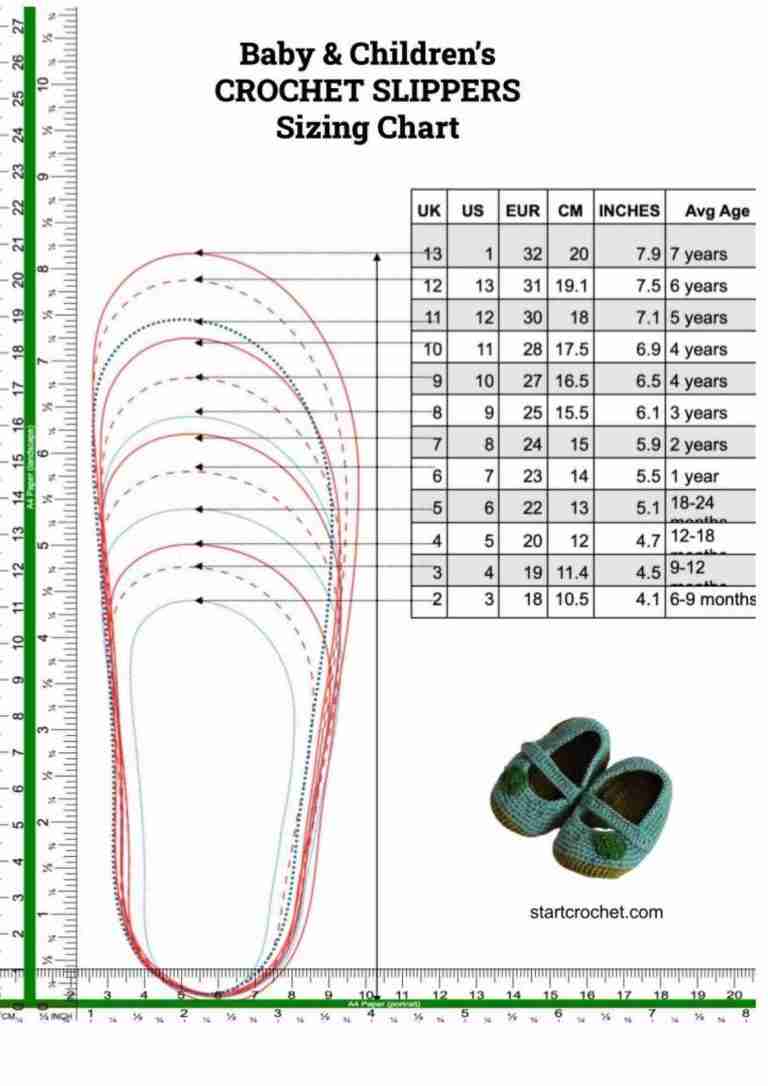 Crochet Slippers Sizing Chart + Template (Printable PDF) - Start Crochet