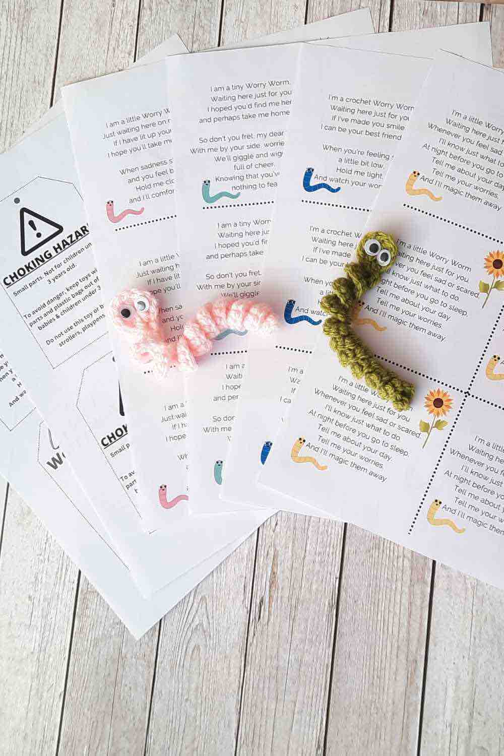 Worry Worm Crochet Pattern PDF + Printable Poem Tags/Labels/Cards