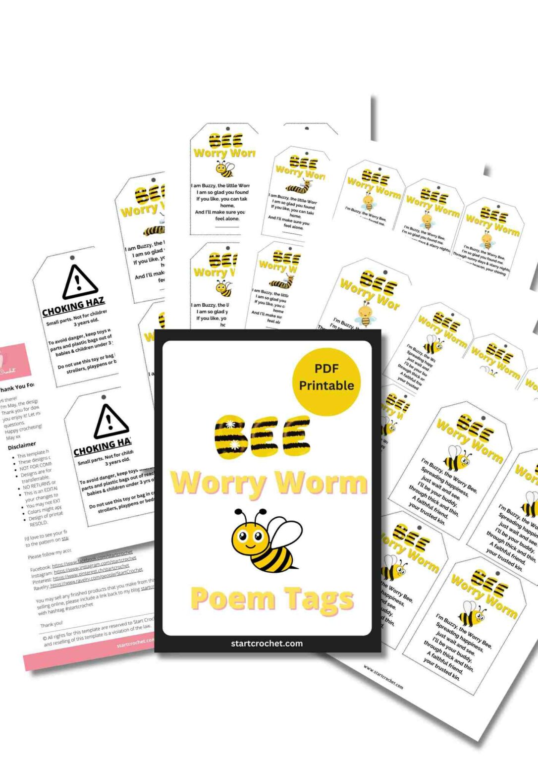 Bee Worry Worm Poem Tags (Editable With Canva) Start Crochet