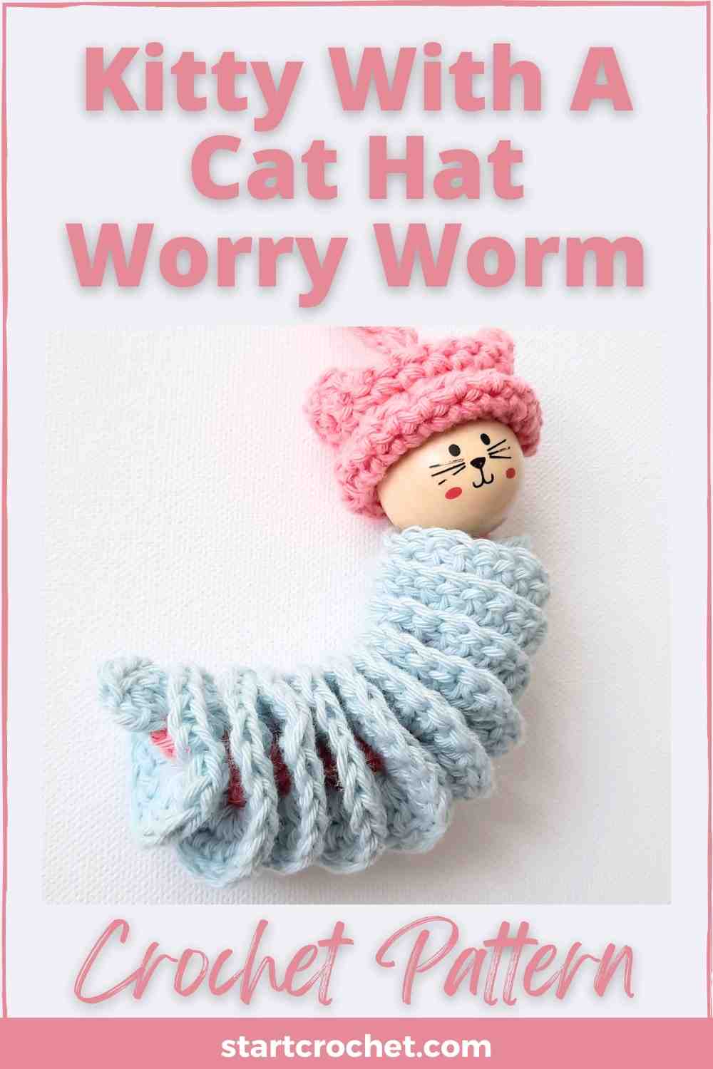 Kitty With A Cat Hat Worry Worm With Wooden Head crochet pattern