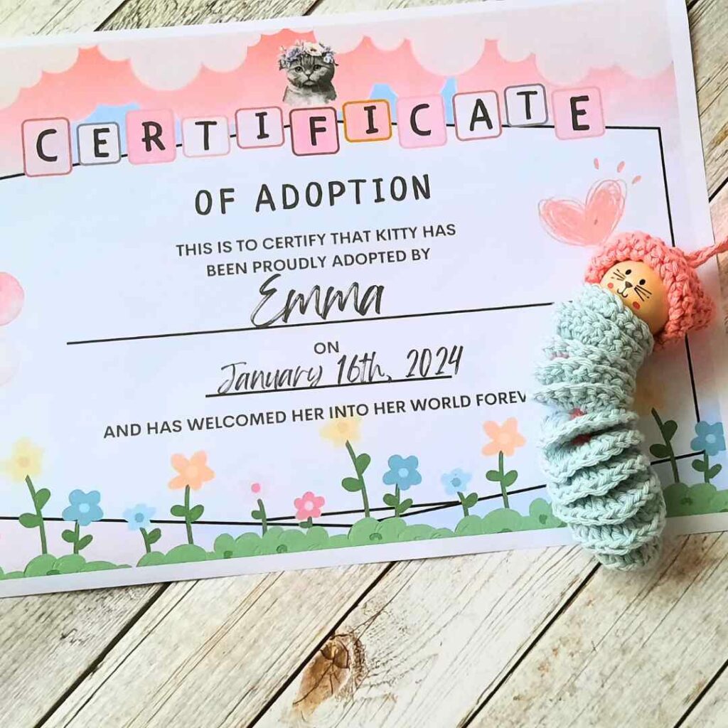 Certificate of Adoption for Kitty With A Cat Hat (PDF Printable ...
