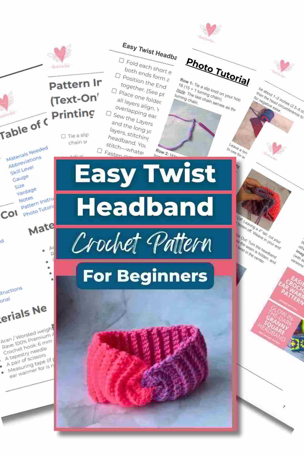 Pink and purple crochet headband displayed on table