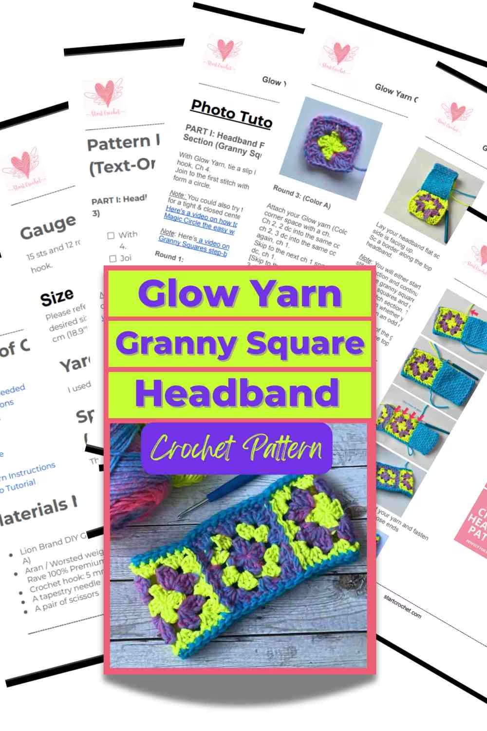Glow Yarn Granny Square Headband Crochet Pattern (1) PDF pattern for the glow yarn granny square headband