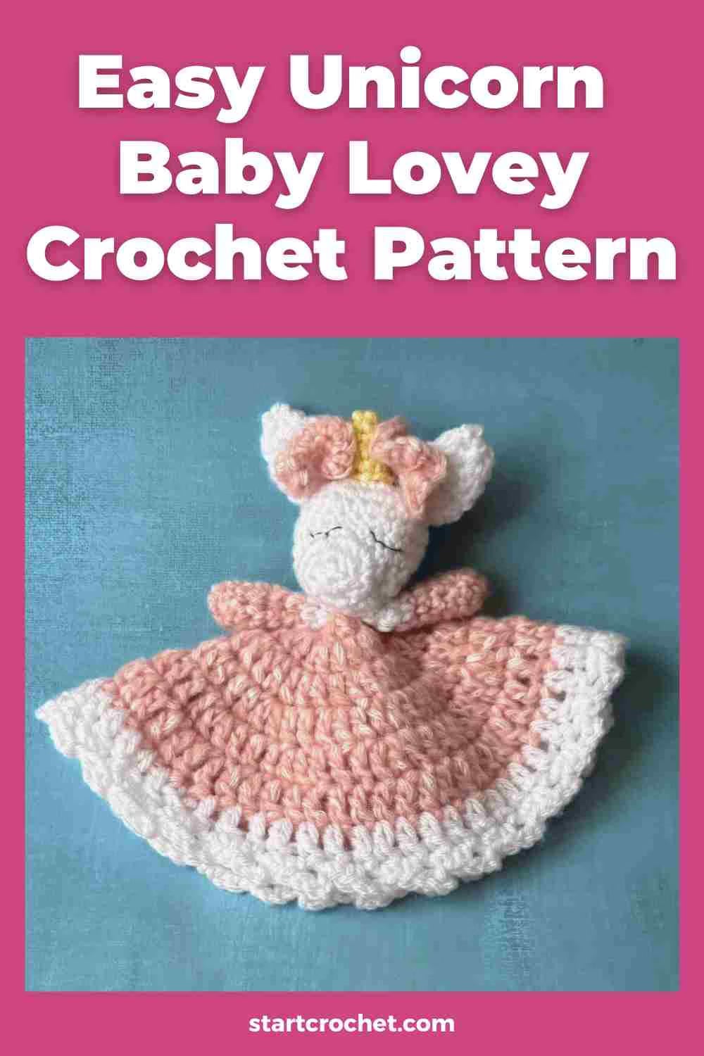Unicorn-Baby-Lovey-Crochet- on a blue background