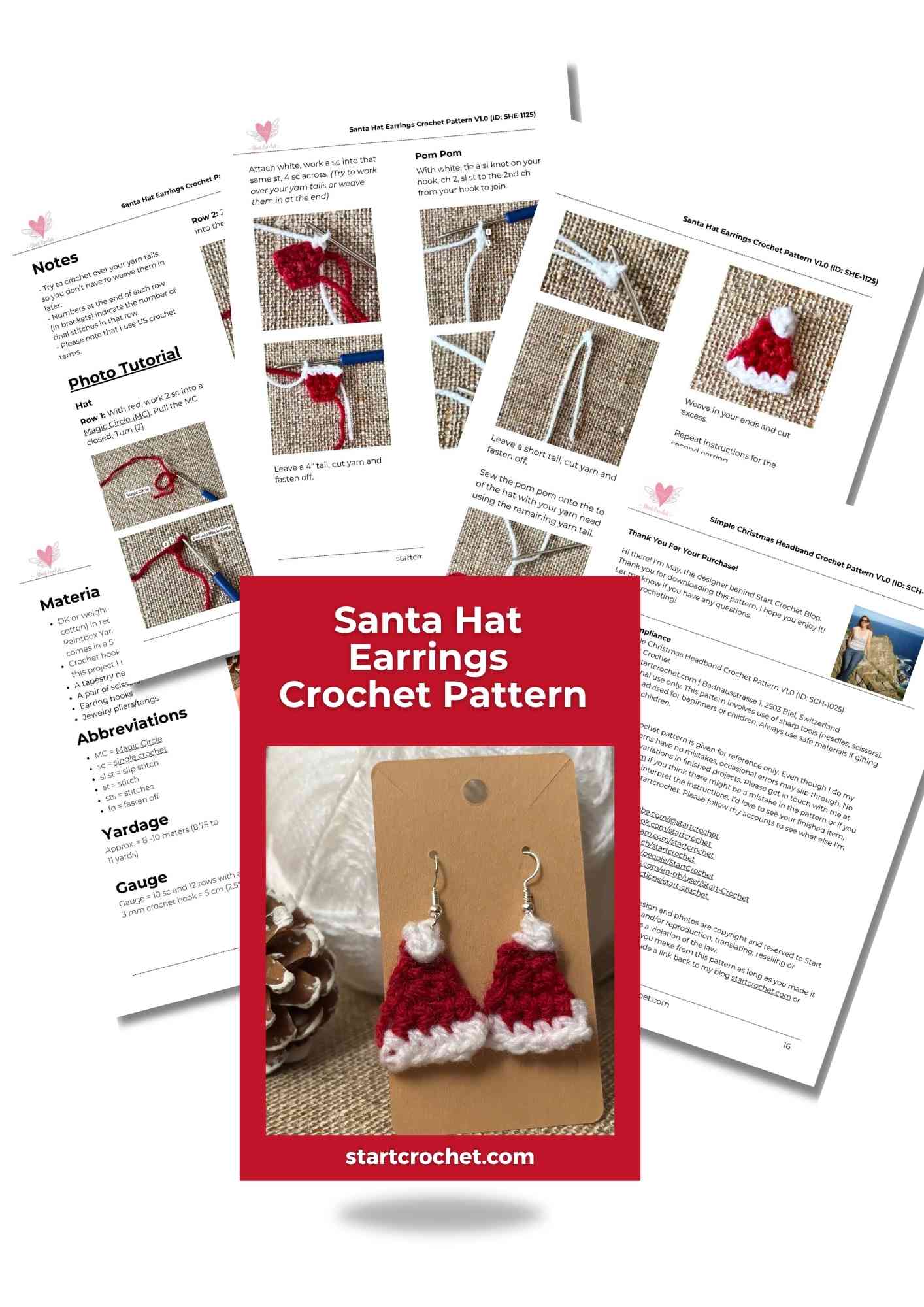 Santa Hat Earrings Crochet Pattern Photo Tutorial V1.0 (ID SHE-1125)