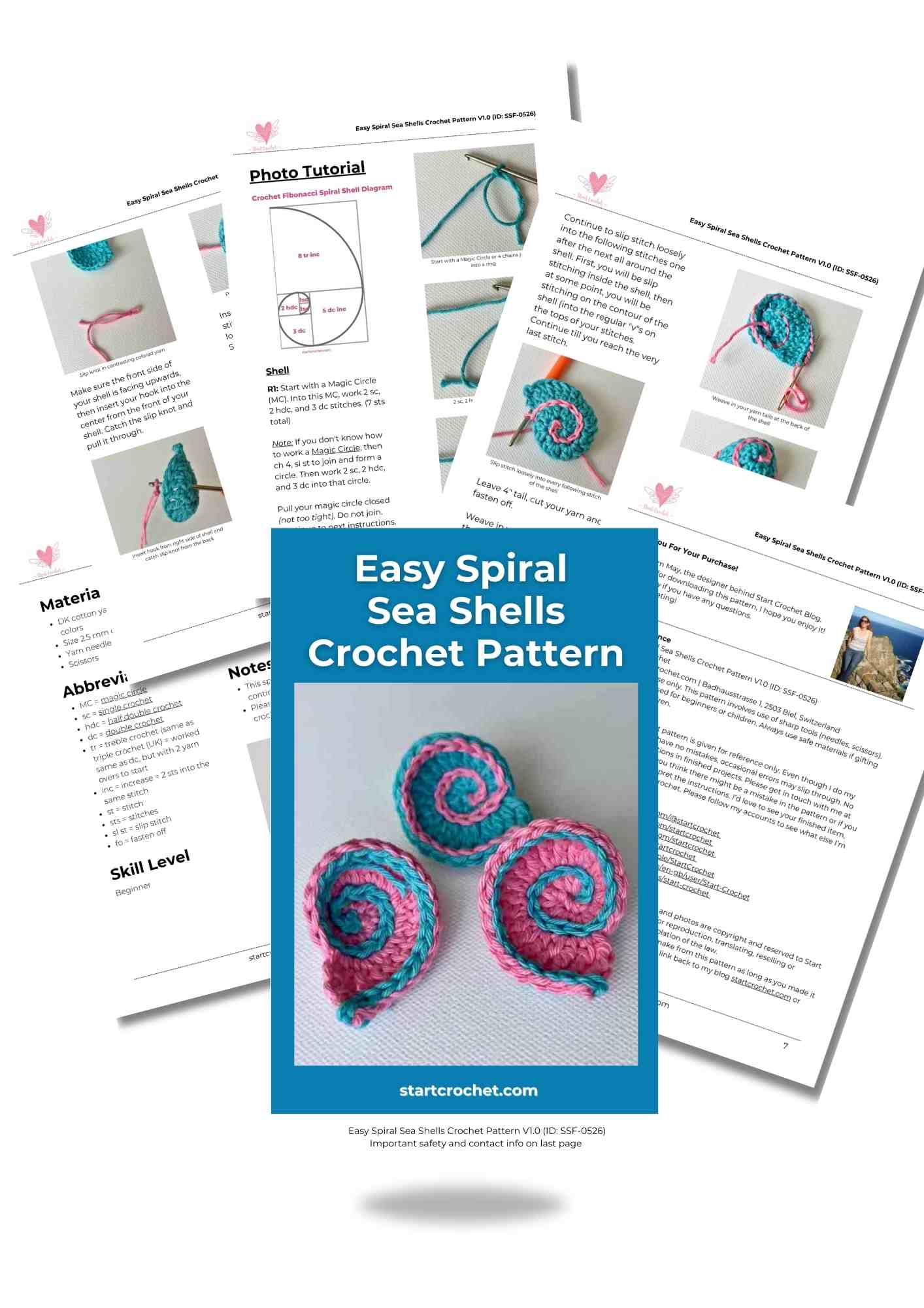 Easy Spiral Sea Shells Crochet Pattern Photo Tutorial V1.0 (ID SSF-0526) Fibonacci Seashells crochet pattern
