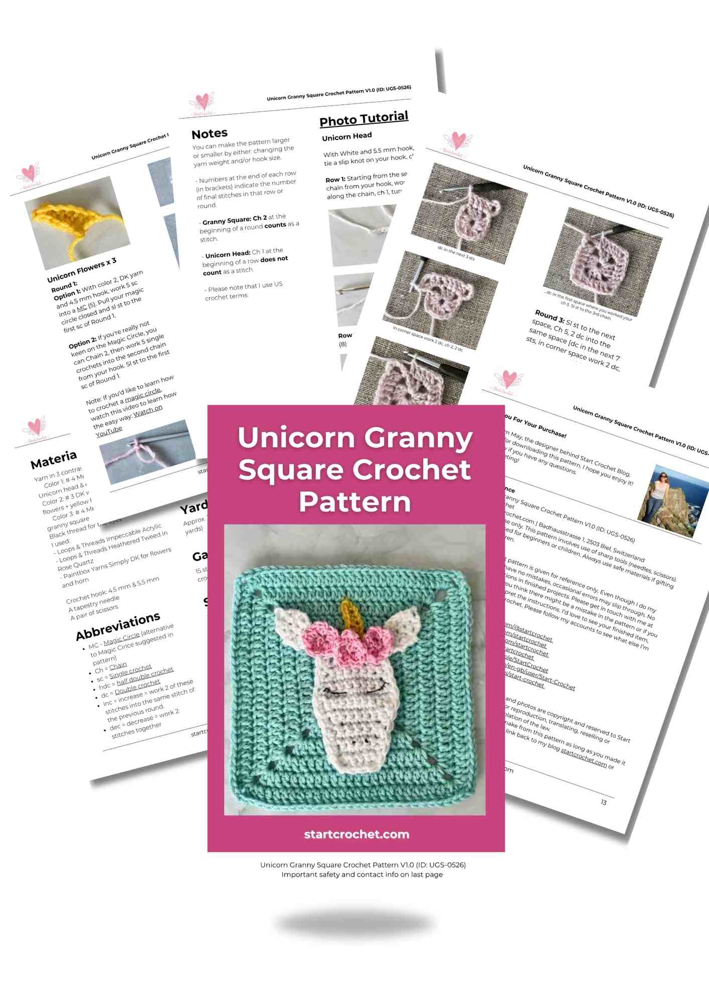 Unicorn Granny Square Crochet Pattern Photo Tutorial V1.0 (ID UGS-0526)
