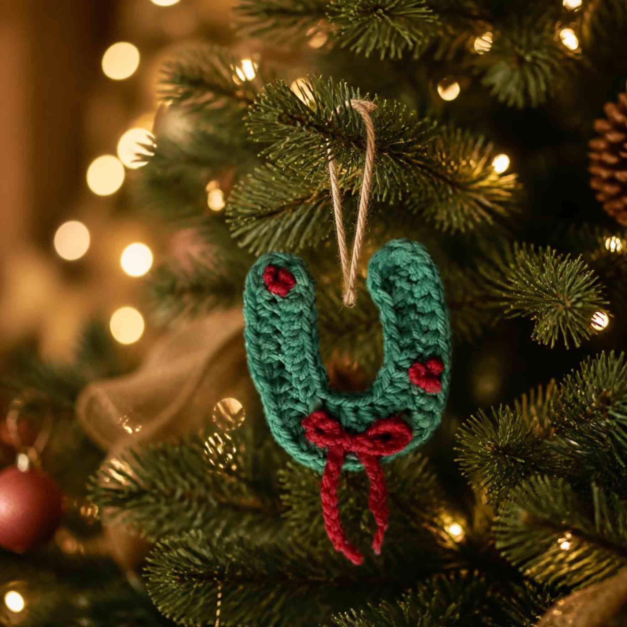 Christmas Horseshoe Wreath Ornament Crochet Pattern on Christmas Tree